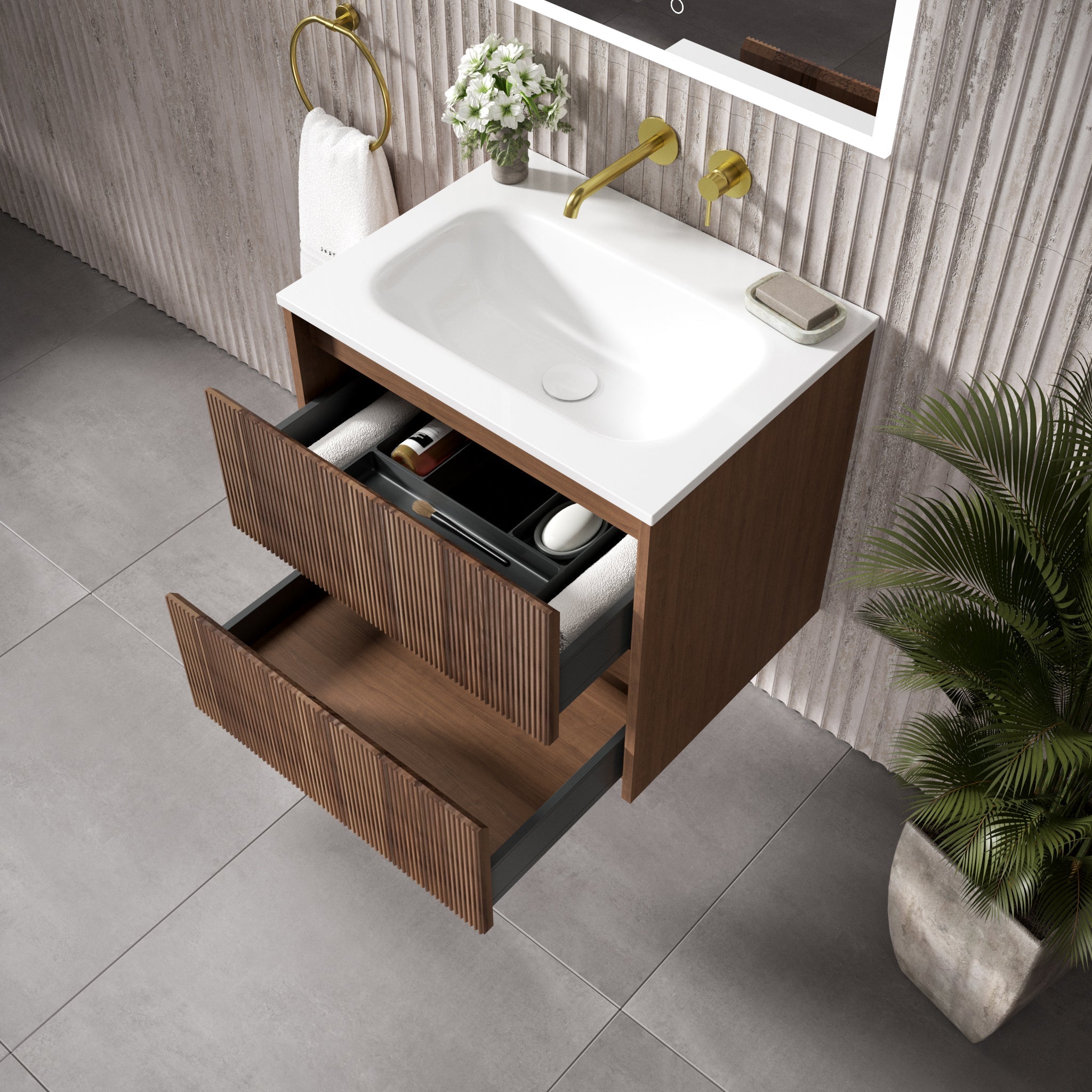 Floating Bathroom Vanity Solid Walnut Ribbed Front 24 Inch Beyondstone Sink Soft Close Drawers | Lumfield