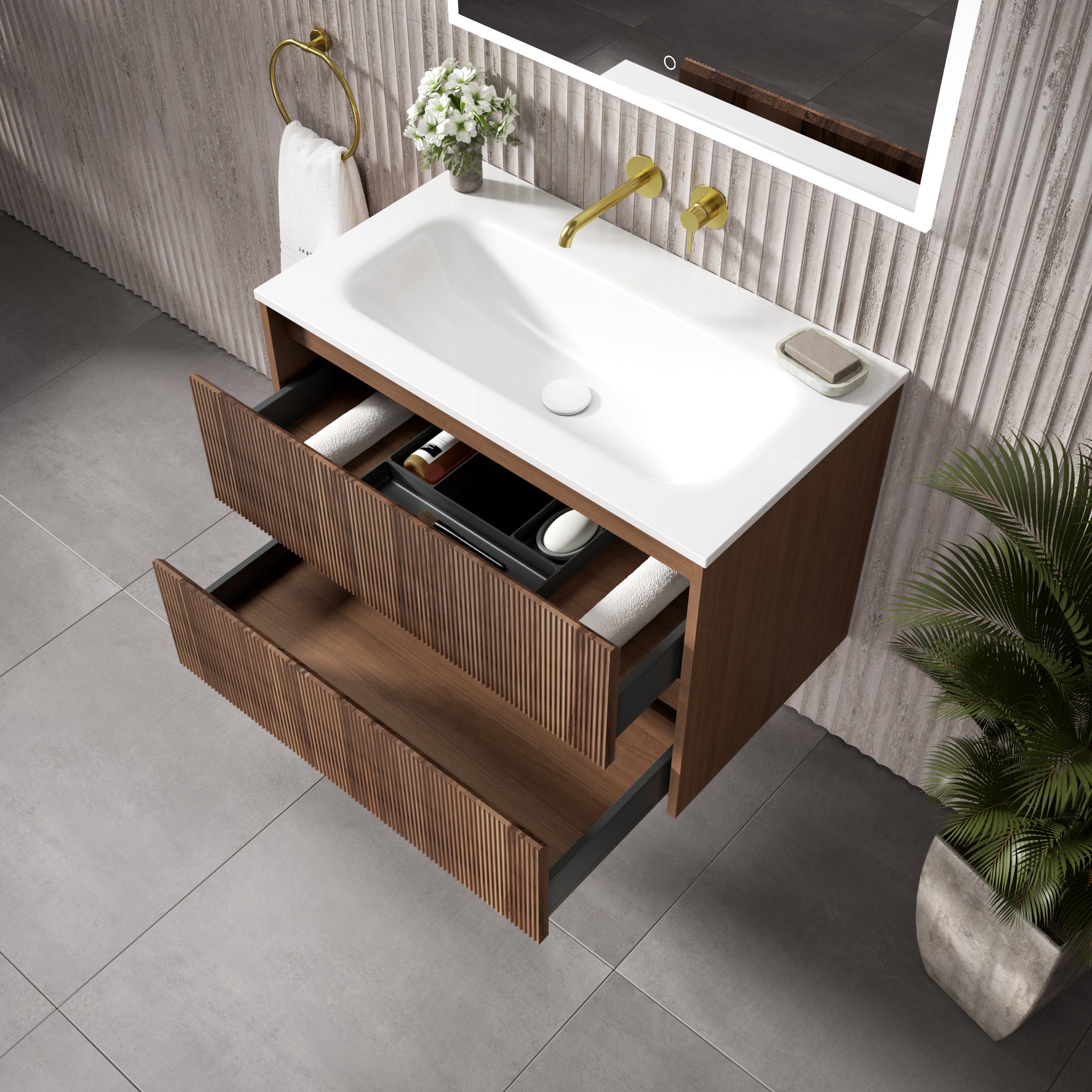 Floating Bathroom Vanity With Ribbed Walnut Front 31.5 Inch Wall Mounted Sink | Lumfield