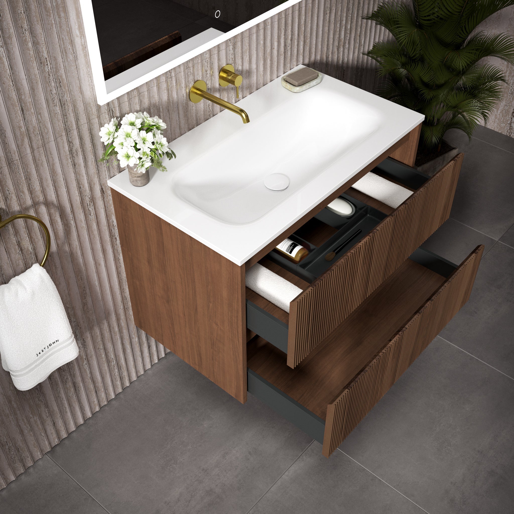 Floating Bathroom Vanity With Ribbed Walnut Front 31.5 Inch Wall Mounted Sink | Lumfield