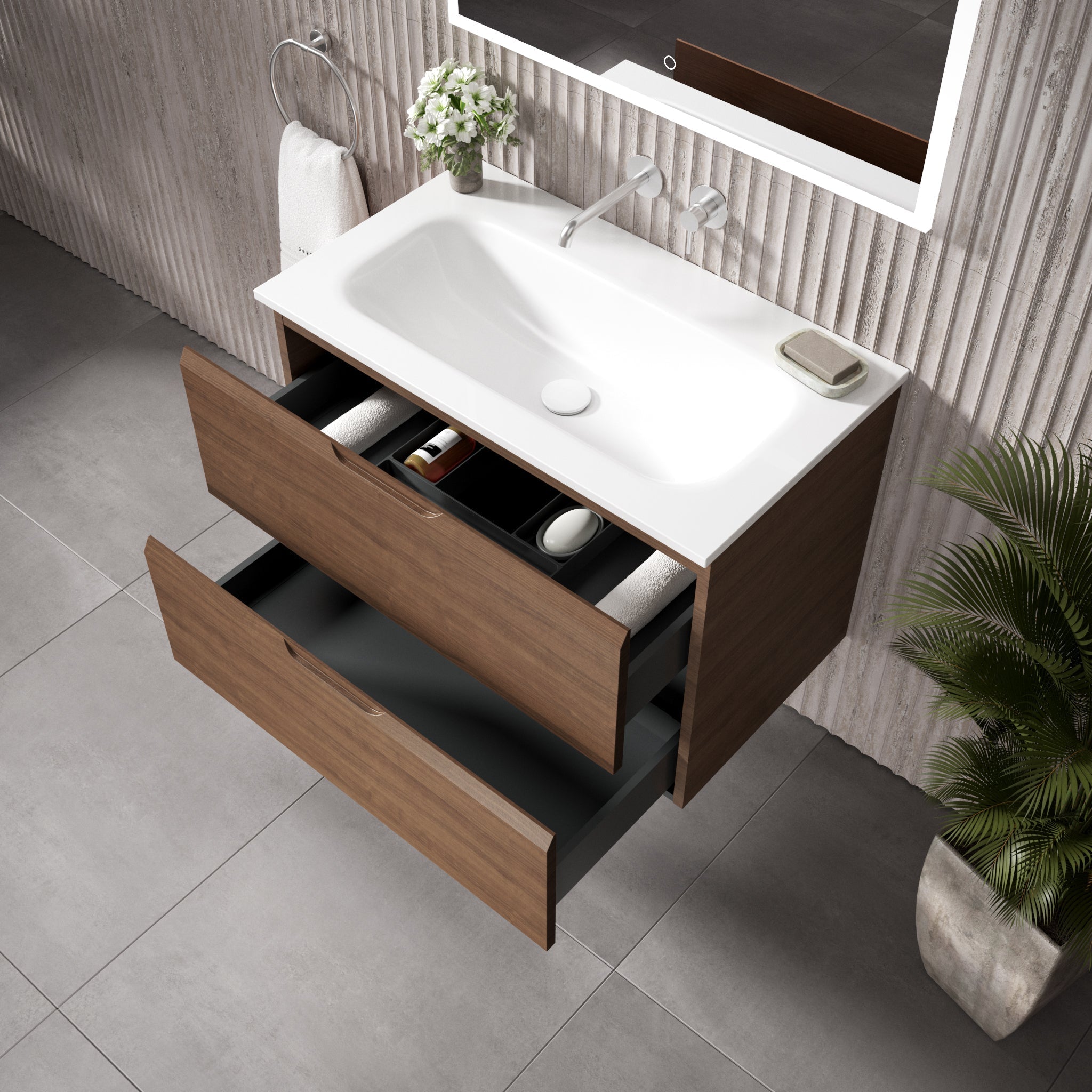 Floating Bathroom Vanity Walnut Push-To-Open Blum Drawers 32 Inch Beyondstone Sink Soft Touch | Lumfield