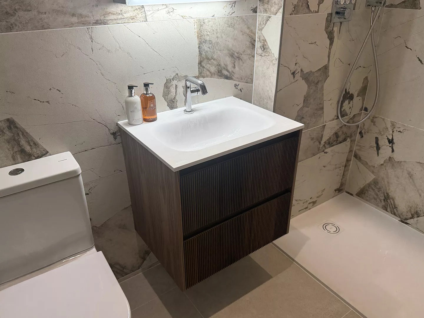 Floating Bathroom Vanity Solid Walnut Ribbed Front 24 Inch Beyondstone Sink Soft Close Drawers | Lumfield