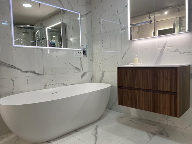 Floating Bathroom Vanity With Ribbed Walnut Front 31.5 Inch Wall Mounted Sink | Lumfield