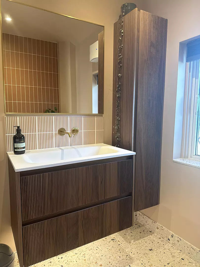 Floating Bathroom Vanity With Ribbed Walnut Front 31.5 Inch Wall Mounted Sink | Lumfield