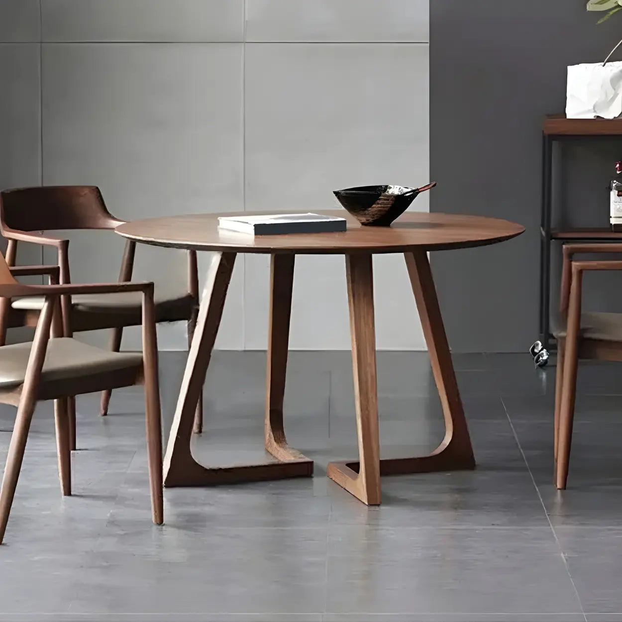 Round Wooden Dining Table Interlock Base Solid Wood Walnut Or Natural 35 Inch Modern Small Space | Lumfield