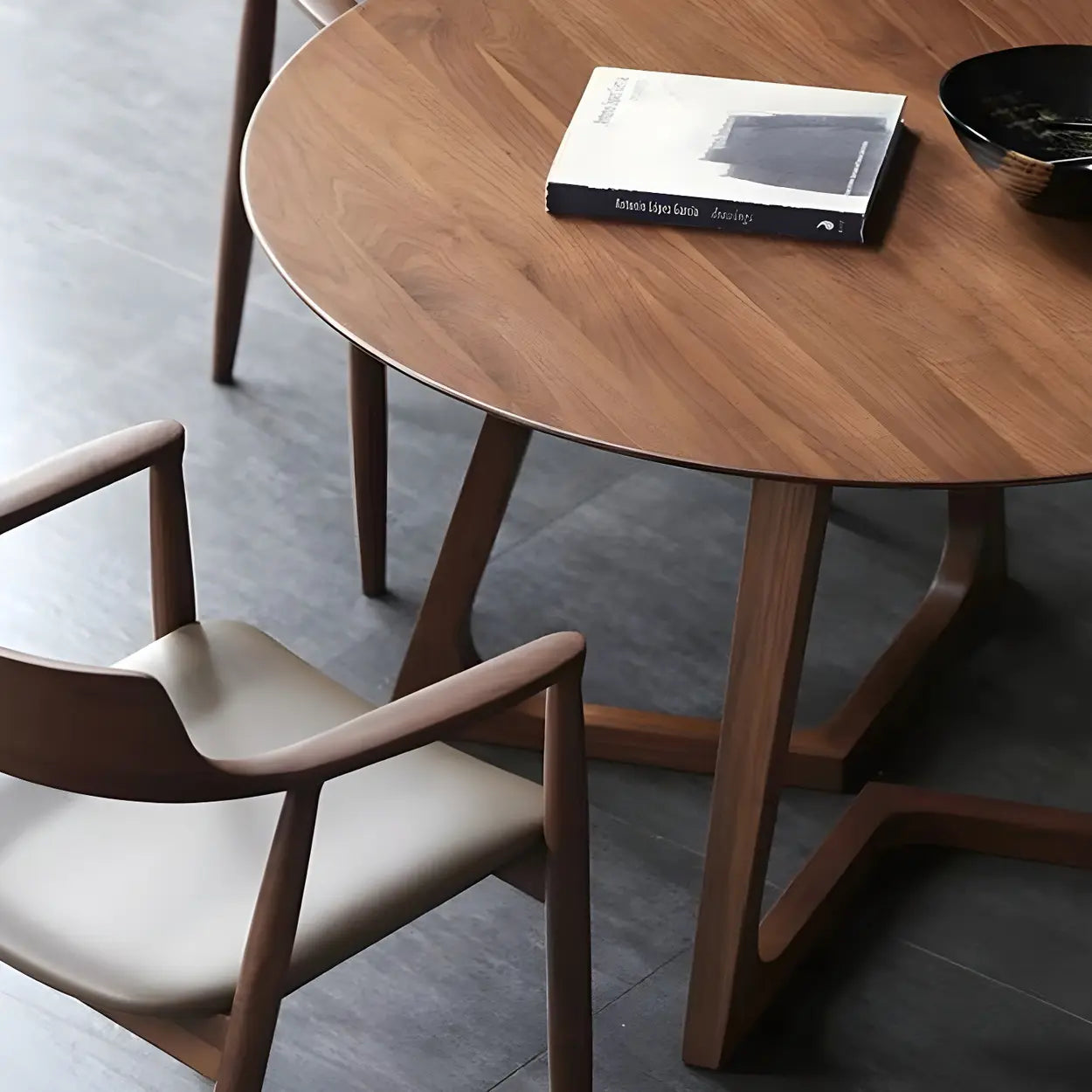 Round Wooden Dining Table Interlock Base Solid Wood Walnut Or Natural 35 Inch Modern Small Space | Lumfield