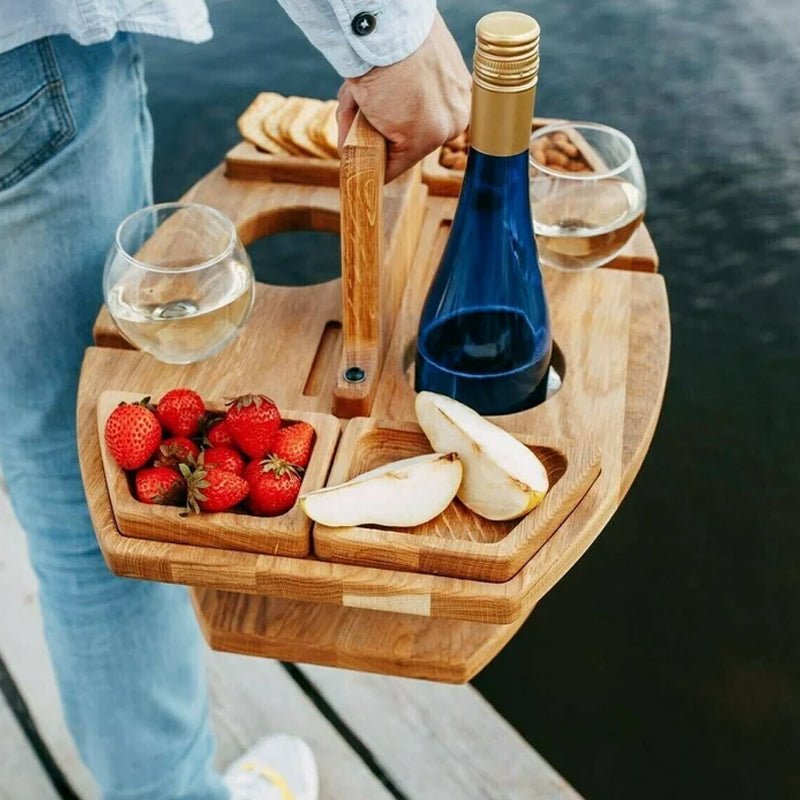 Wooden Wine Table Portable Outdoor Picnic Serving Table With Glass Holder | Lumfield