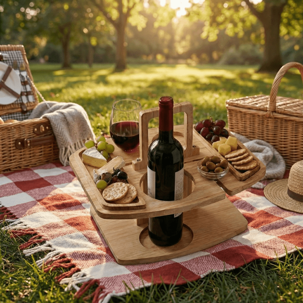 Wooden Wine Table Portable Outdoor Picnic Serving Table With Glass Holder | Lumfield
