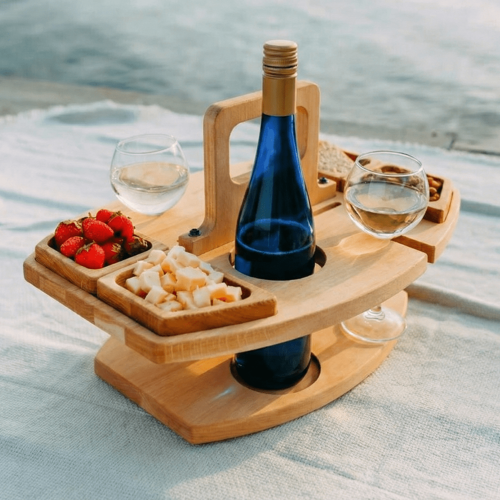 Wooden Wine Table Portable Outdoor Picnic Serving Table With Glass Holder | Lumfield