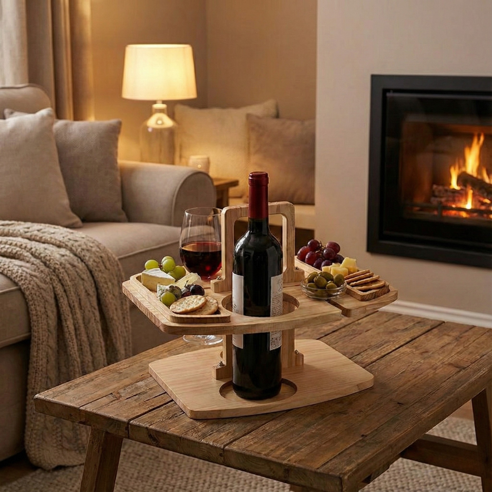 Wooden Wine Table Portable Outdoor Picnic Serving Table With Glass Holder | Lumfield