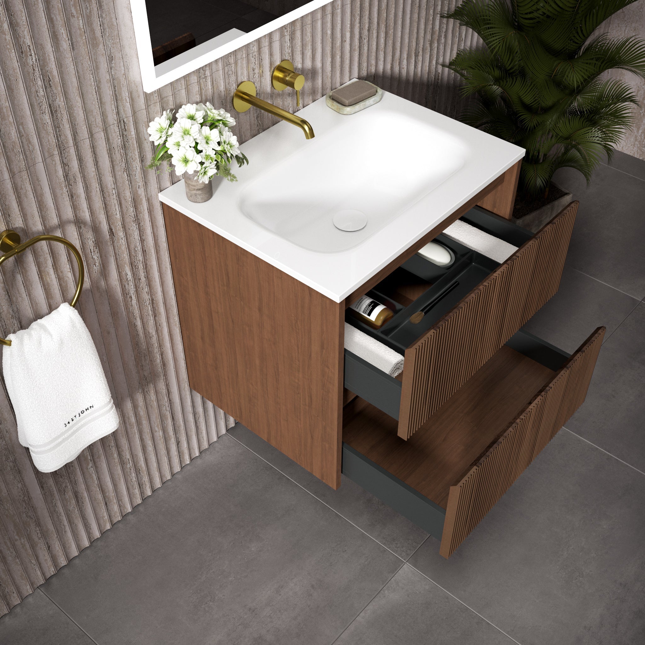 Floating Bathroom Vanity Solid Walnut Ribbed Front 24 Inch Beyondstone Sink Soft Close Drawers | Lumfield