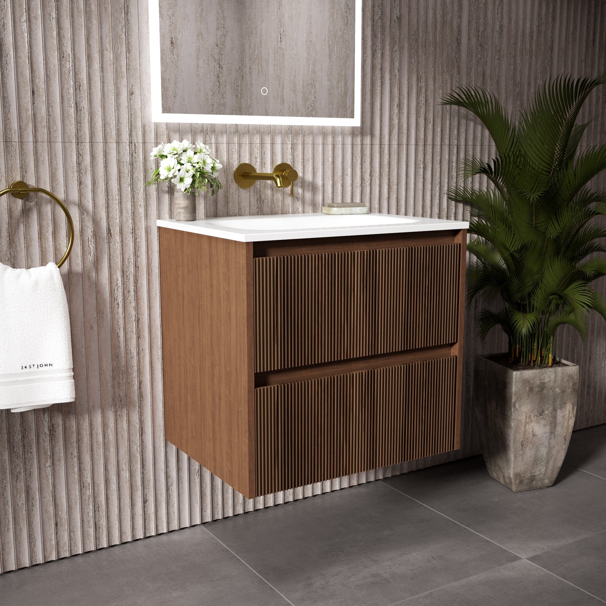 Floating Bathroom Vanity Solid Walnut Ribbed Front 24 Inch Beyondstone Sink Soft Close Drawers | Lumfield