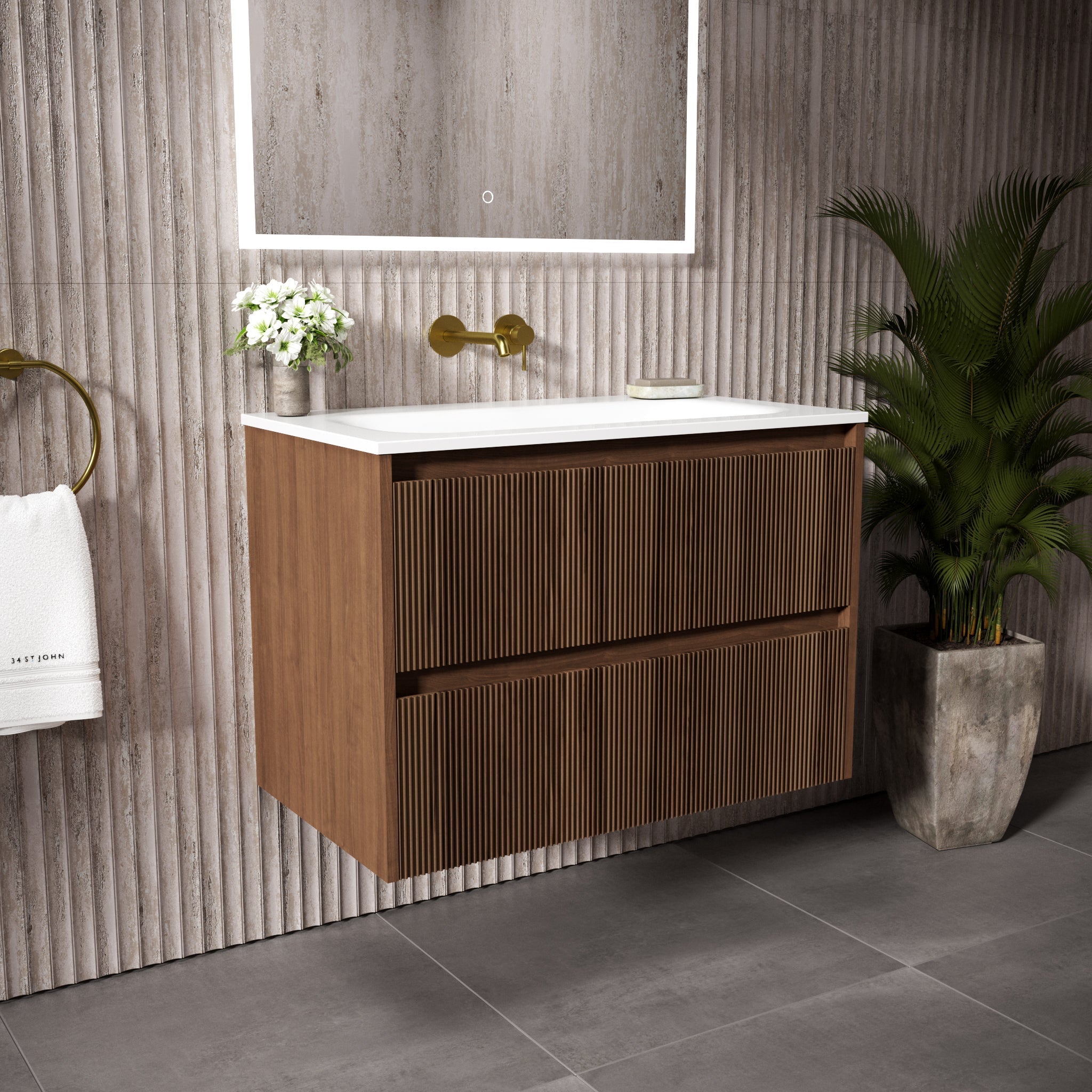Floating Bathroom Vanity With Ribbed Walnut Front 31.5 Inch Wall Mounted Sink | Lumfield