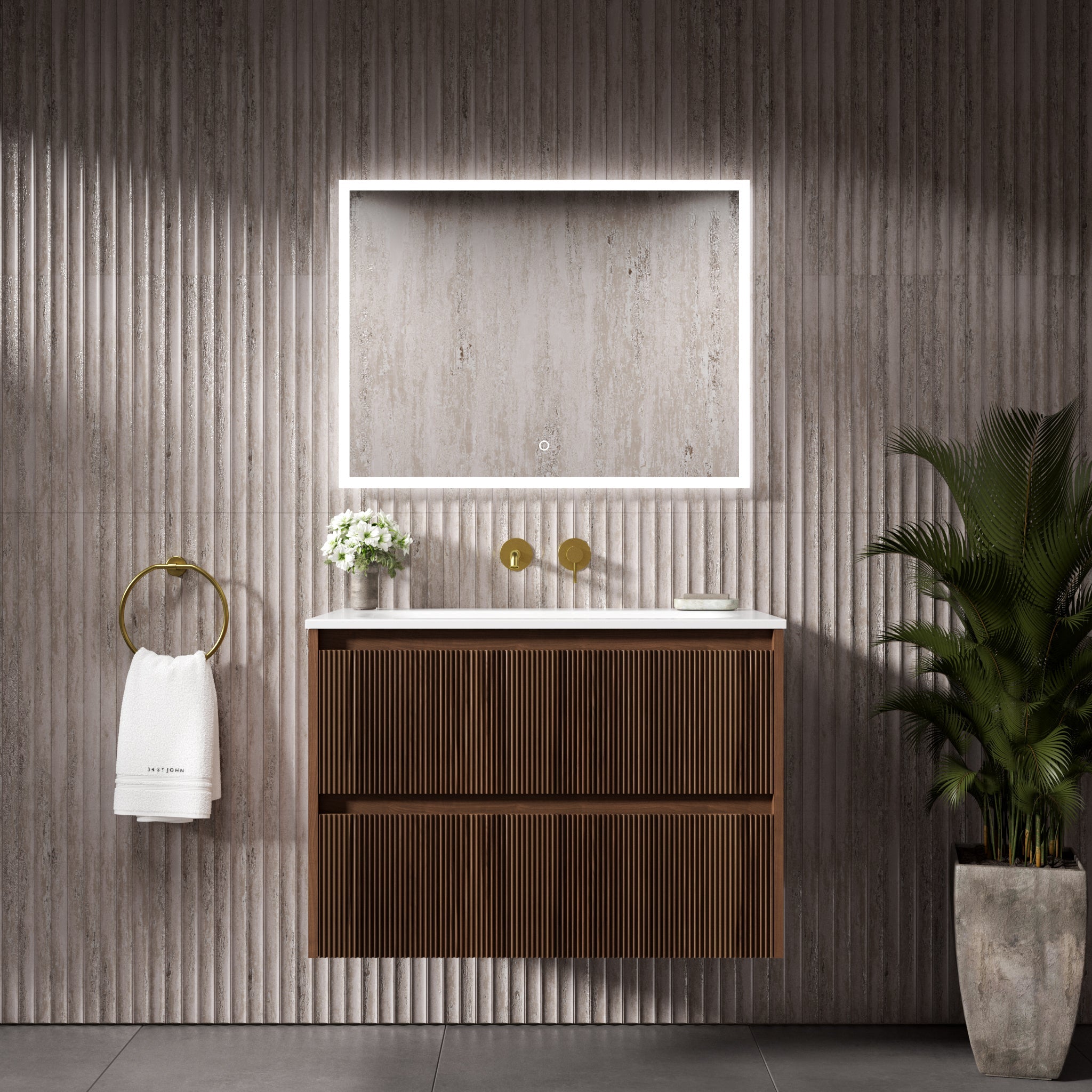 Floating Bathroom Vanity With Ribbed Walnut Front 31.5 Inch Wall Mounted Sink | Lumfield