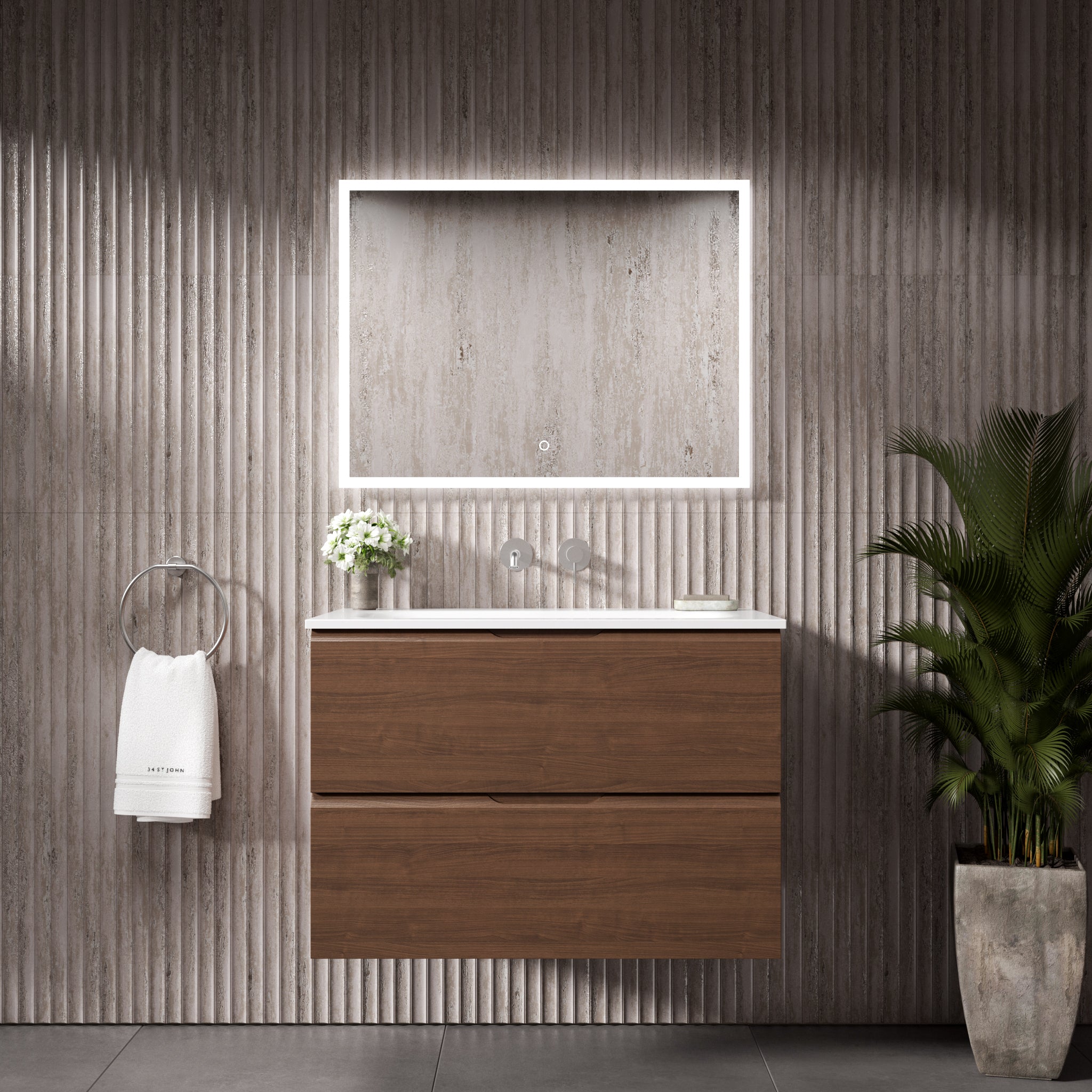 Floating Bathroom Vanity Walnut Push-To-Open Blum Drawers 32 Inch Beyondstone Sink Soft Touch | Lumfield