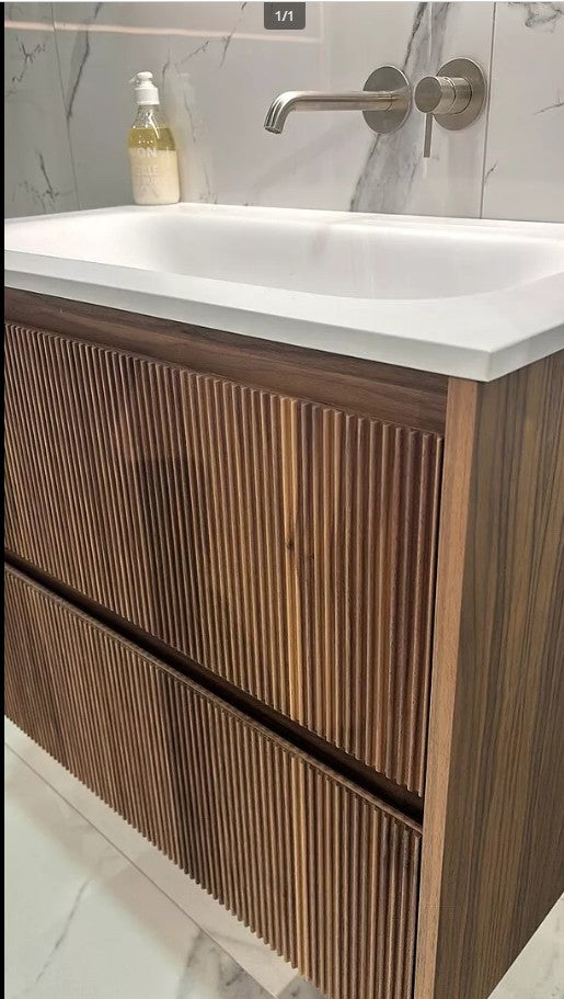 Floating Bathroom Vanity Solid Walnut Ribbed Front 24 Inch Beyondstone Sink Soft Close Drawers | Lumfield