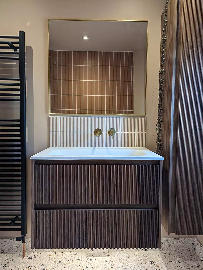 Floating Bathroom Vanity With Ribbed Walnut Front 31.5 Inch Wall Mounted Sink | Lumfield