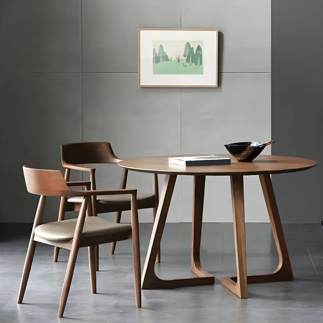 Round Wooden Dining Table Interlock Base Solid Wood Walnut Or Natural 35 Inch Modern Small Space | Lumfield