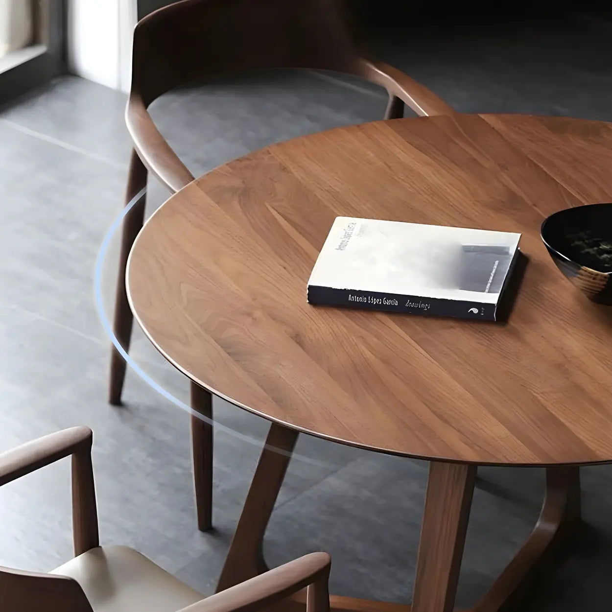 Round Wooden Dining Table Interlock Base Solid Wood Walnut Or Natural 35 Inch Modern Small Space | Lumfield