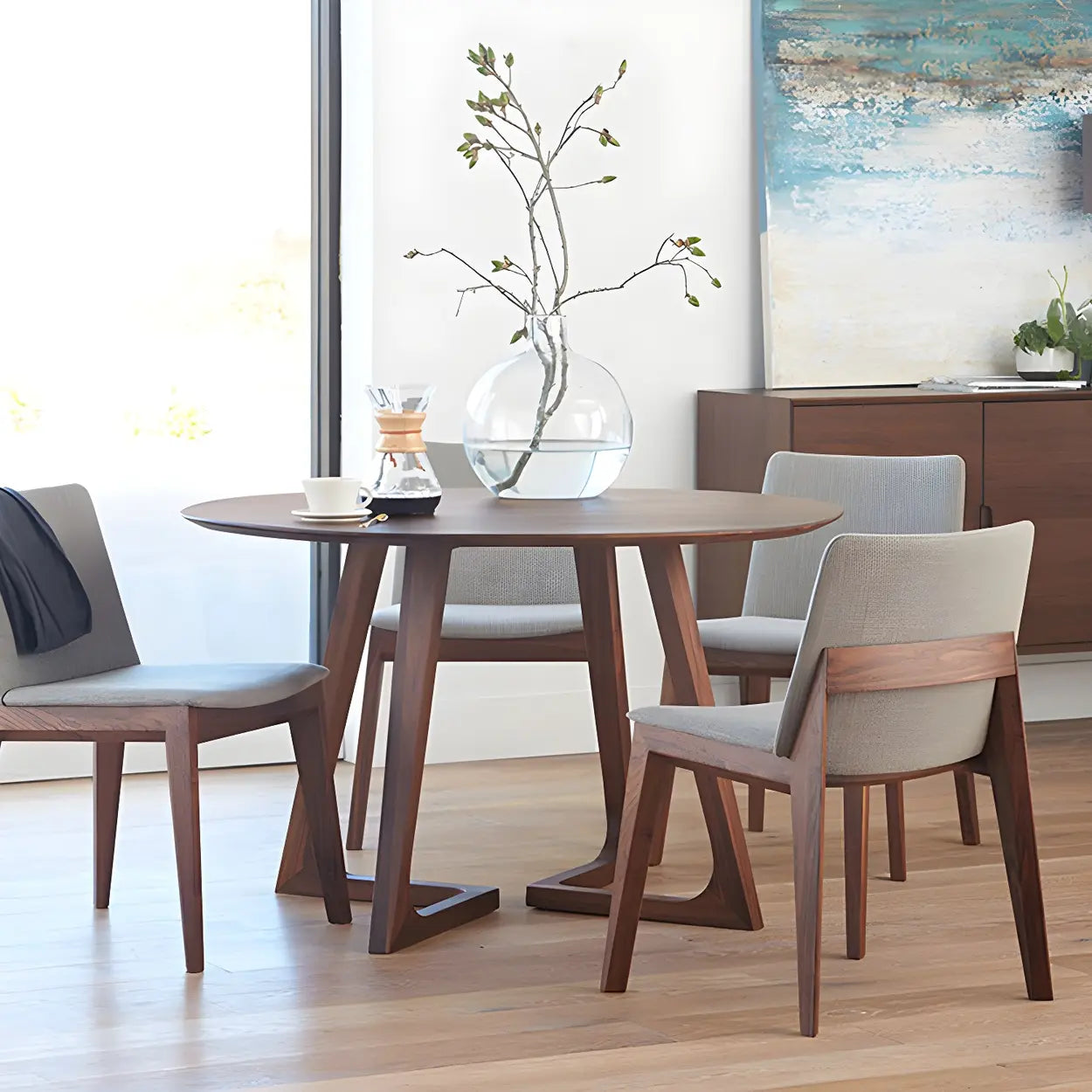 Round Wooden Dining Table Interlock Base Solid Wood Walnut Or Natural 35 Inch Modern Small Space | Lumfield