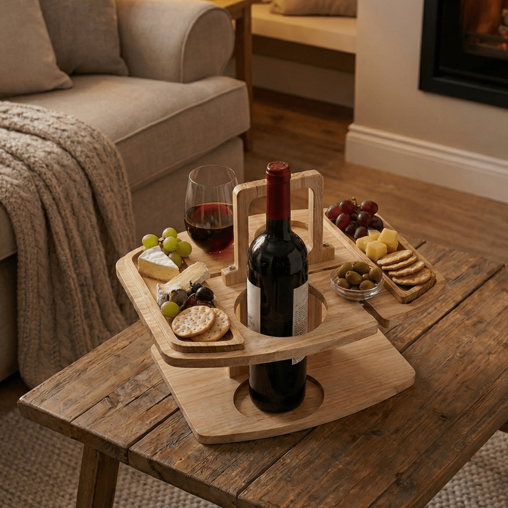 Wooden Wine Table Portable Outdoor Picnic Serving Table With Glass Holder | Lumfield