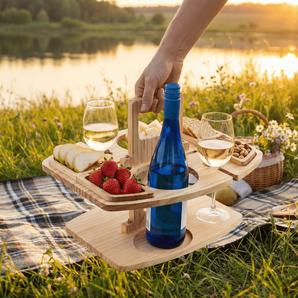 Wooden Wine Table Portable Outdoor Picnic Serving Table With Glass Holder | Lumfield